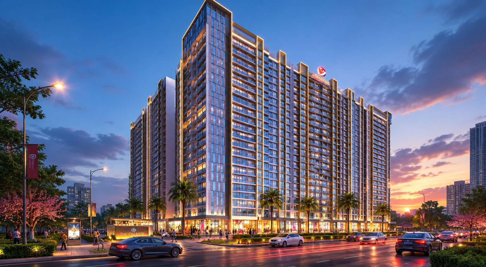 A TransIndia residential landmark at dusk