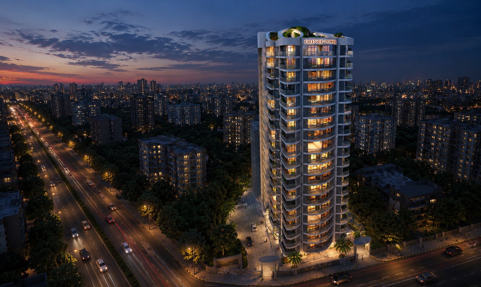 Prince Tower rising over 90 Feet Road, Dharavi at night